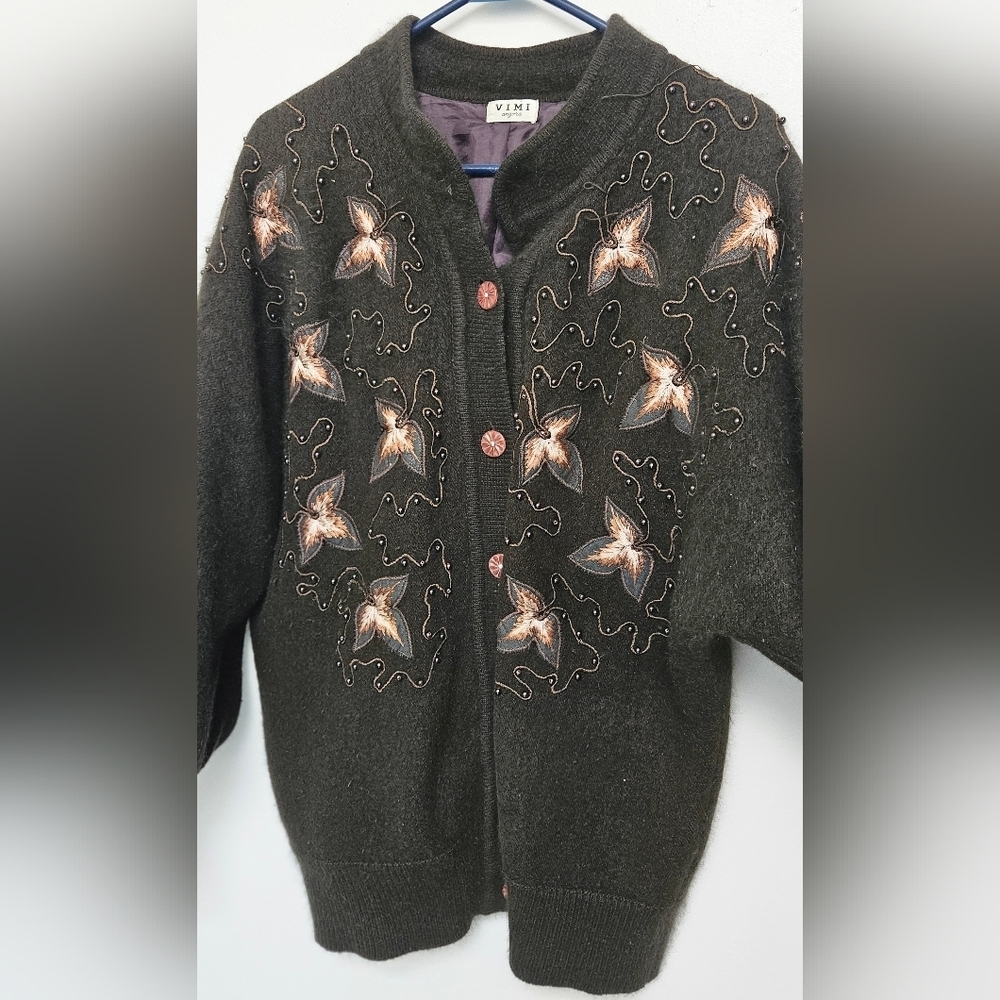 Vintage VIMI 100% Angora Wool Embroidered Dark Chocolate Sz L Lined Cardigan - Picture 6 of 15